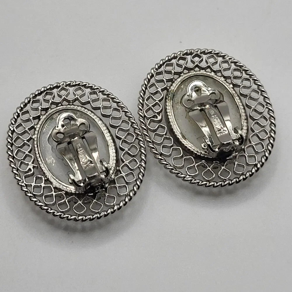 WHITING & DAVIS signed silver carved cameo glass designer clip on earrings 1in